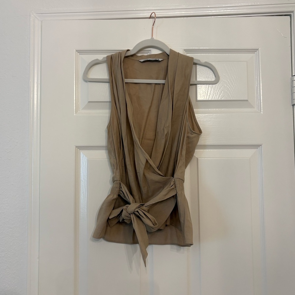 Zara Tan Sleeveless Wrap Tie Top
